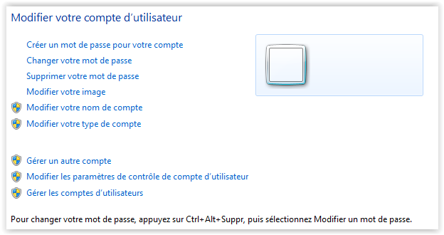 Fenêtre de compte utilisateur