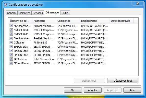 Onglet démarrage de msconfig